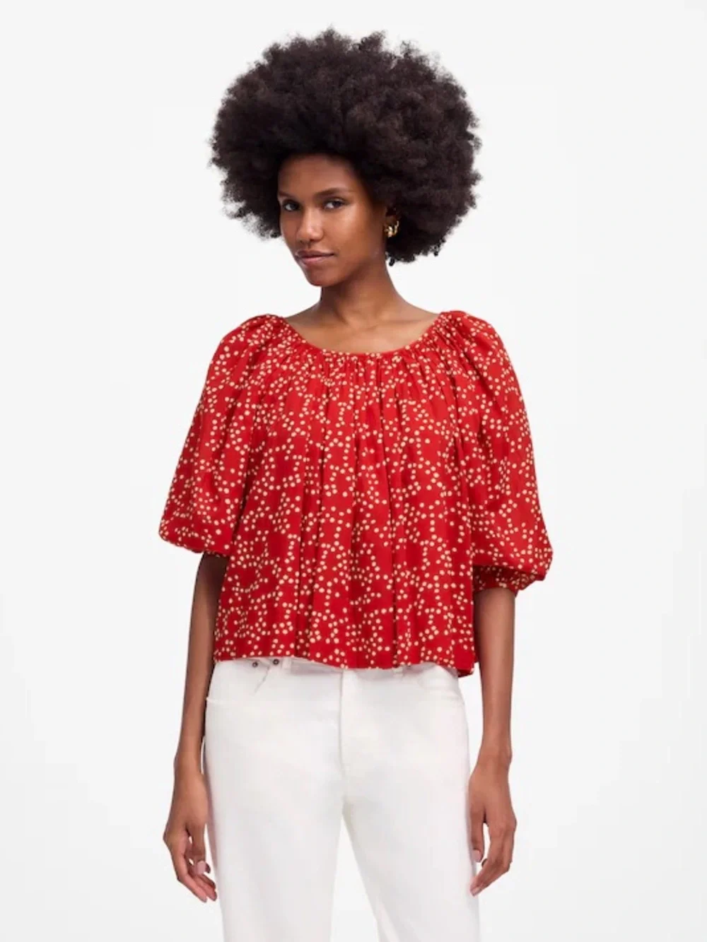 MADEWELL S Shirred Puff-Sleeve Top in Dot • Festival Red Classic Scattered Dots